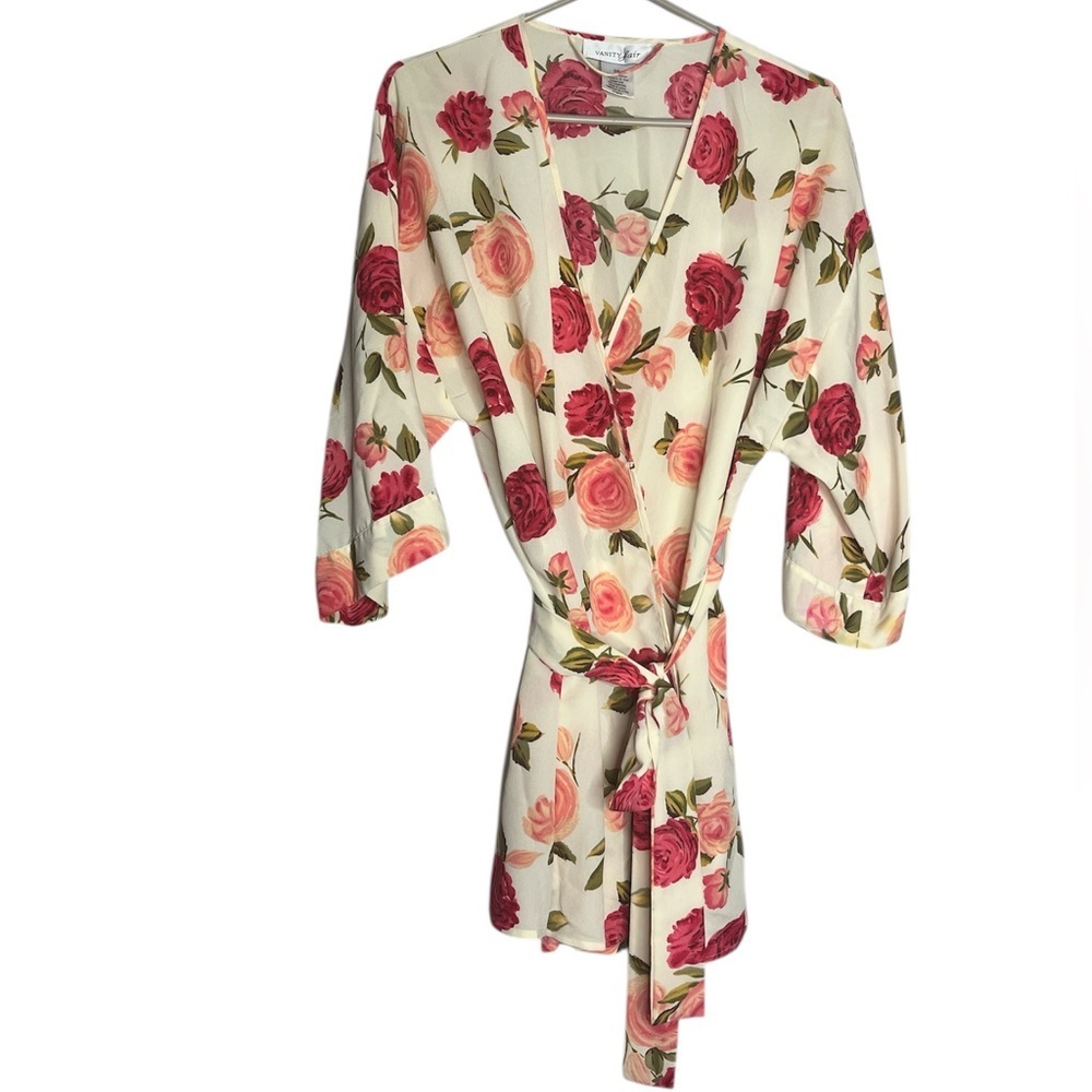 Vanity Fair Floral Rose Short Warp Robe Lightweight Satin, size S